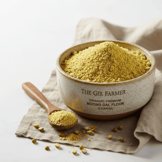 Coarse Organic Moong Dal Flour in a bowl by THE GIR FARMER, perfect for healthy cooking and baking