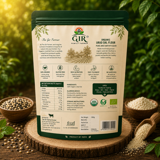 THE GIR FARMER Organic Urad Dal Flour in eco-friendly packaging, perfect for healthy cooking and baking