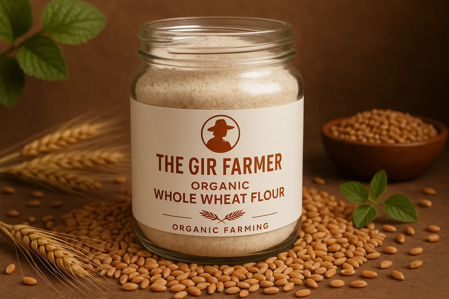 The Gir Farmer Organic Whole Wheat Flour in a glass jar with wheat grains and leaves