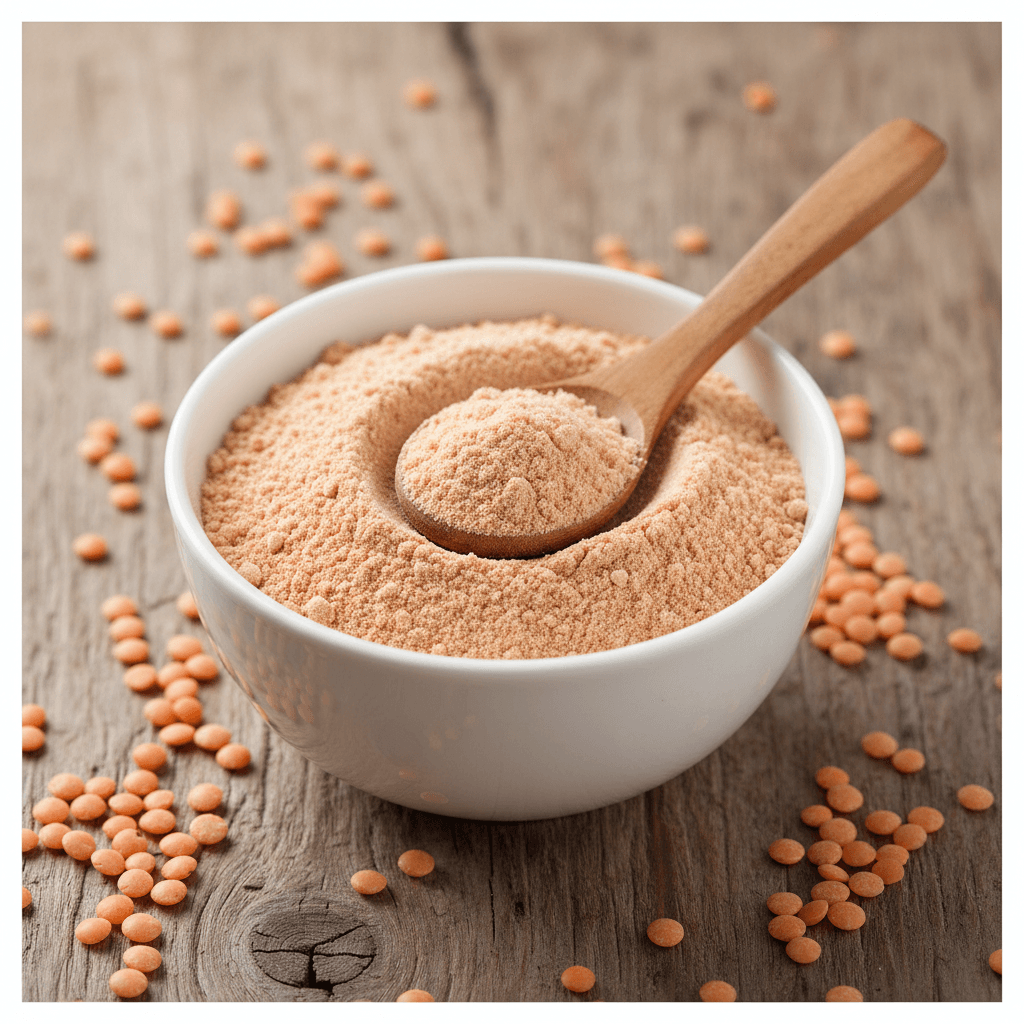 Bowl of red lentils flour with wooden spoon, perfect for soups and baking recipes