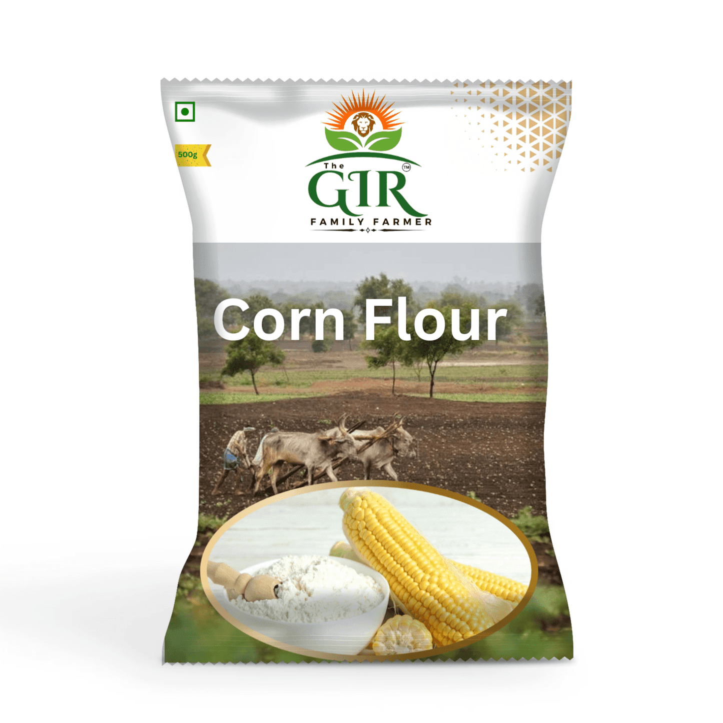 THE GIR FARMER naturally processed corn flour packaging featuring fresh corn and a farming background