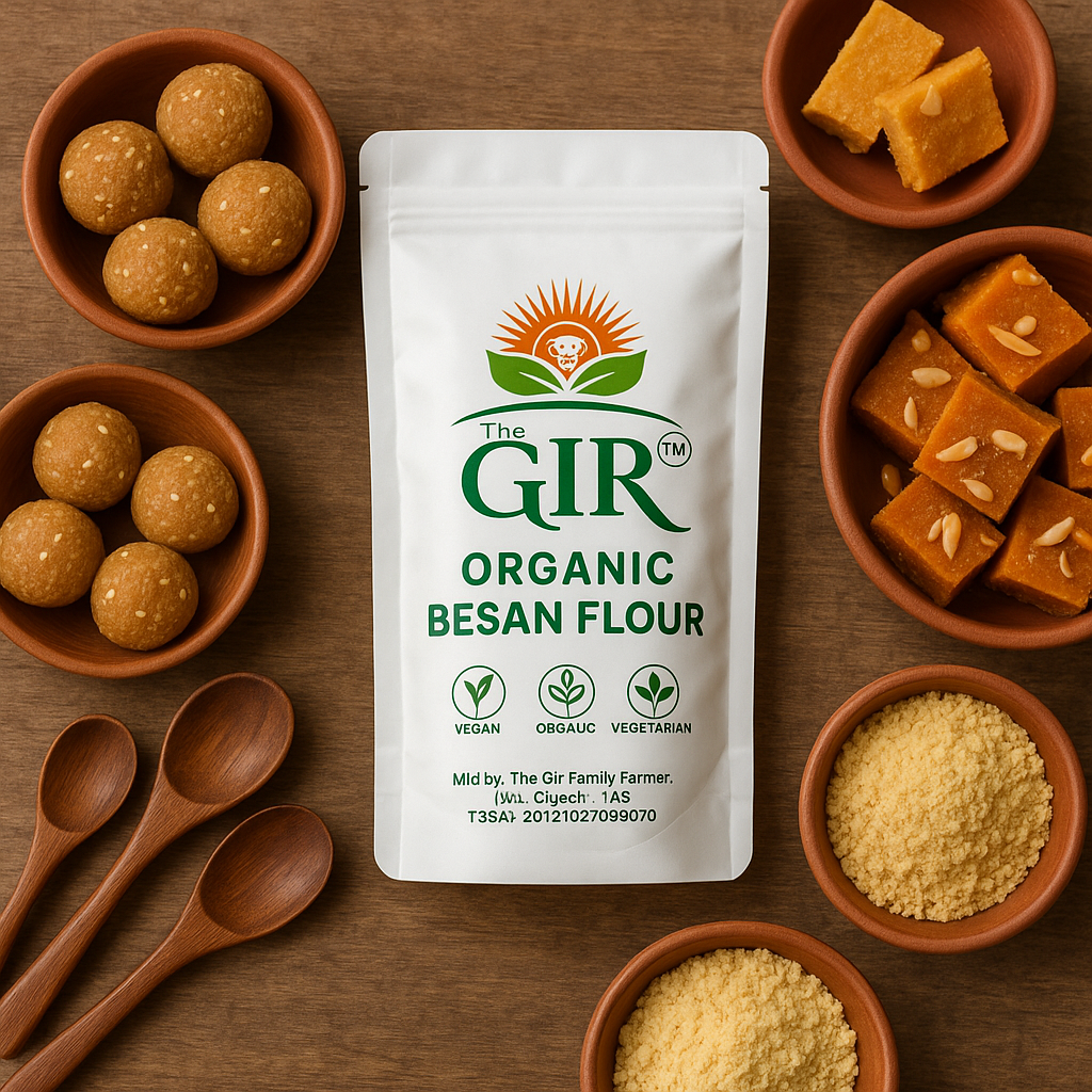 THE GIR FARMER Organic Besan Flour package surrounded by sweets and ingredients on a wooden table