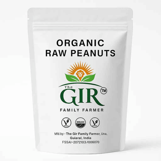 The Gir Family Farmer Organic Raw Peanuts in a white resealable pouch, great for snacking or cooking
