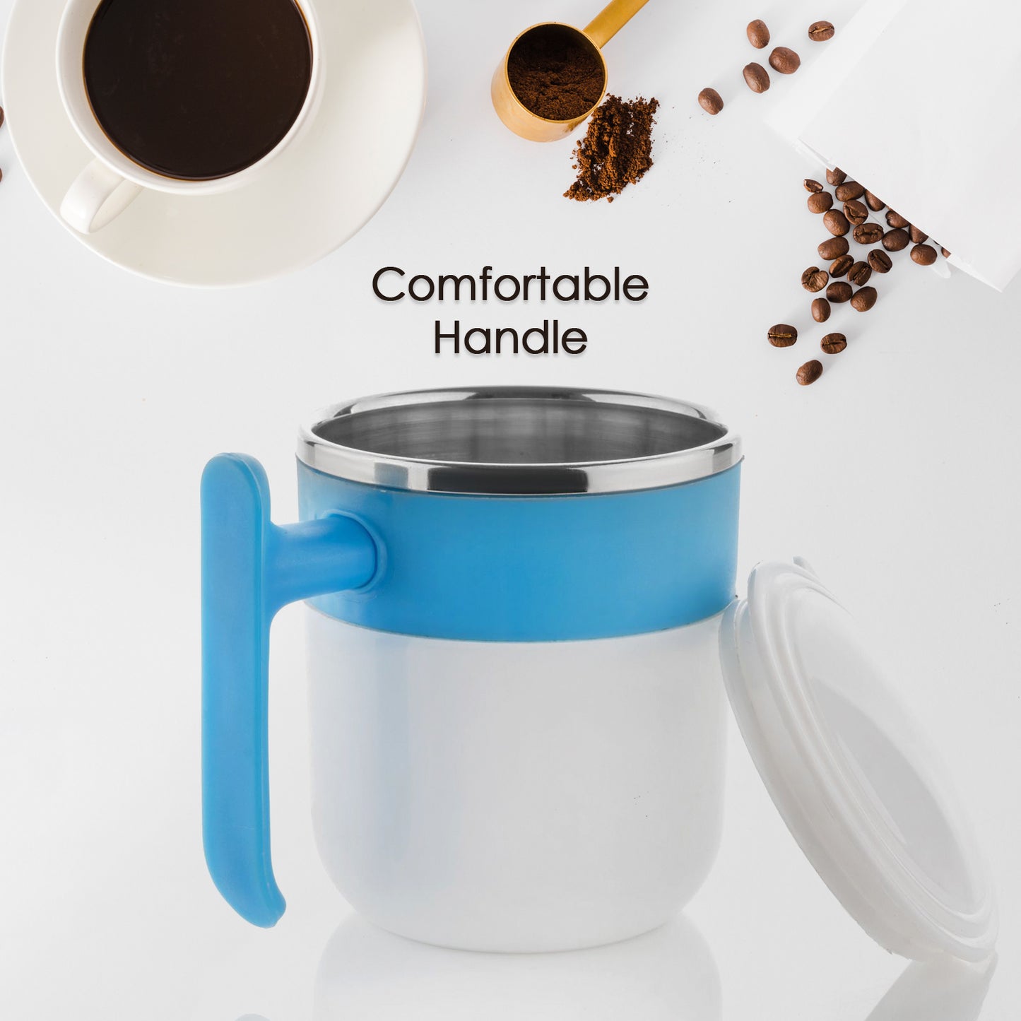 Wukusy thermal coffee cup for travel with a comfortable blue handle for easy grip