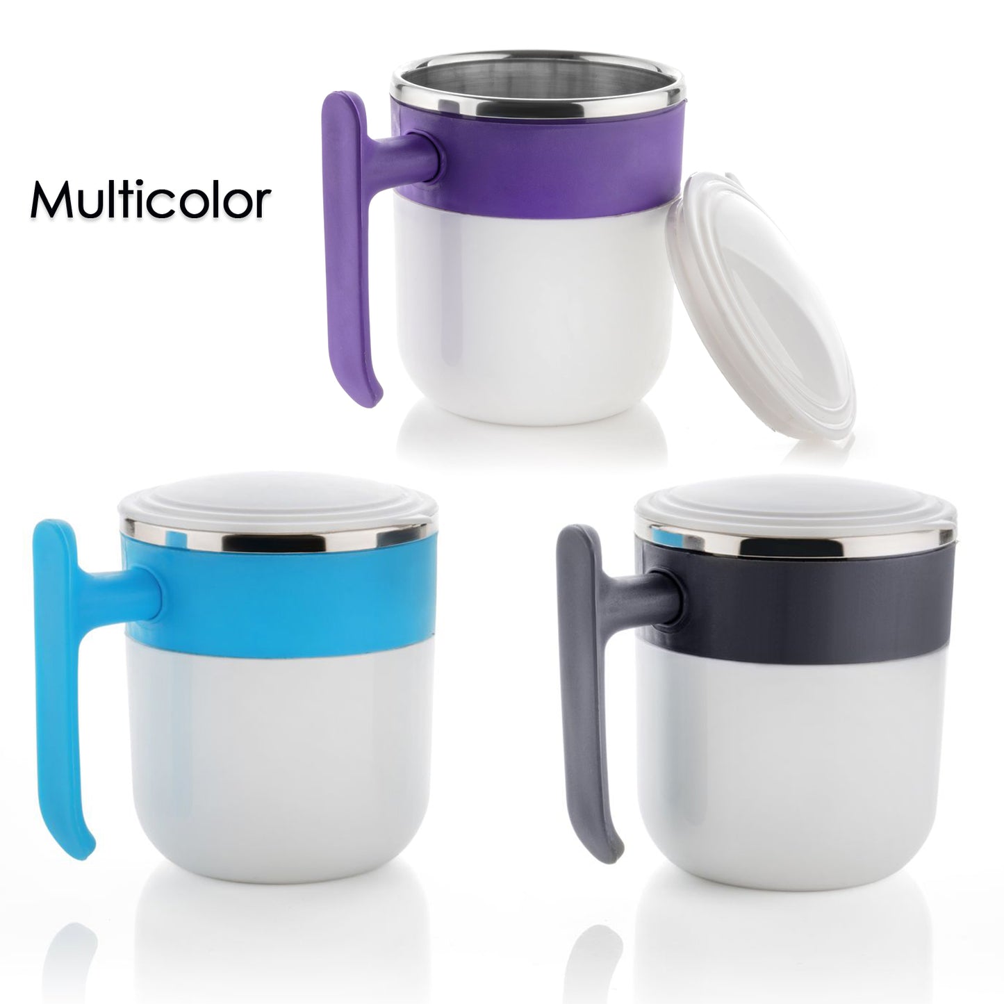 Set of three Wukusy thermal coffee cups for travel in multicolor with easy-grip handles and lids