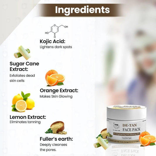 Organic de-tan face pack with ingredients like orange extract and sugar cane for glowing skin