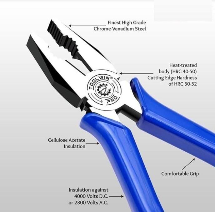 Combination pliers hand tool with chrome-vanadium steel, heat-treated body, and blue comfortable grip