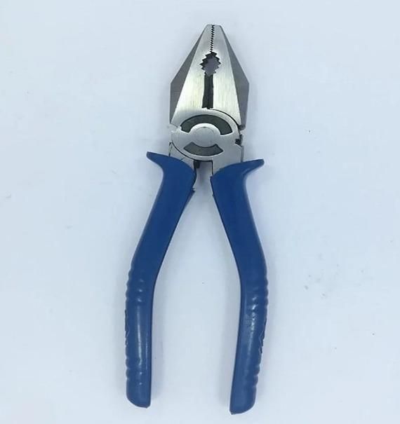 Combination pliers hand tool with blue ergonomic handles and steel jaws for gripping and cutting