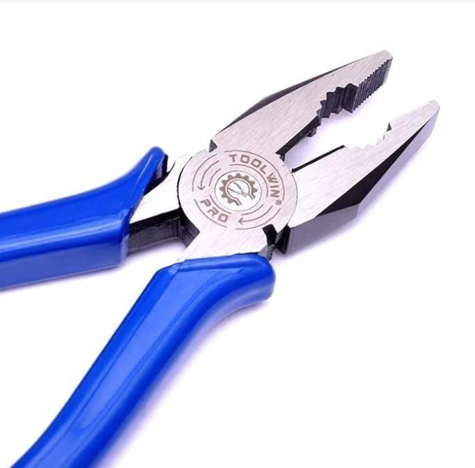 Combination pliers hand tool with blue handles and serrated jaws for gripping and cutting