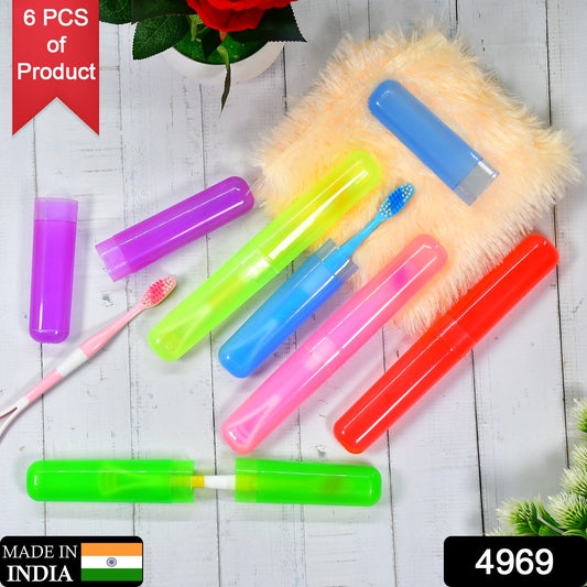Colorful toothbrush travel covers set in pink, green, blue, and red for convenient travel hygiene
