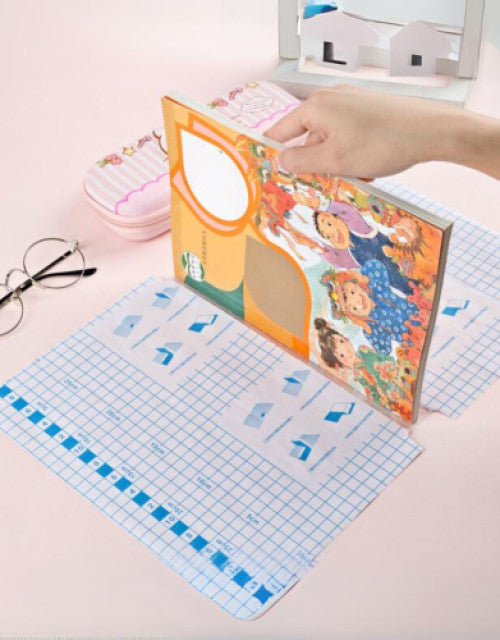Transparent book cover pack shown with a colorful book and grid paper for easy application and protection