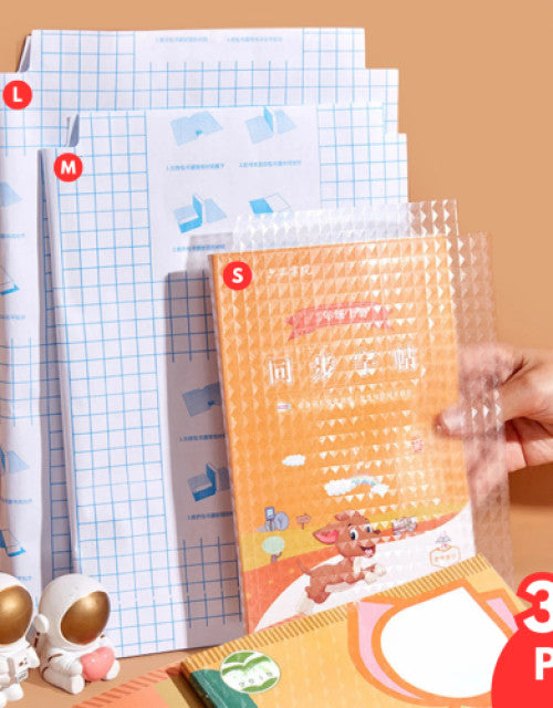 Transparent book cover pack for protecting books with various sizes and designs displayed