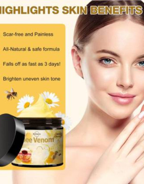 The Gir Farmer bee venom cream for acne scars jar with bright skin model highlighting scar-free and natural formula benefits