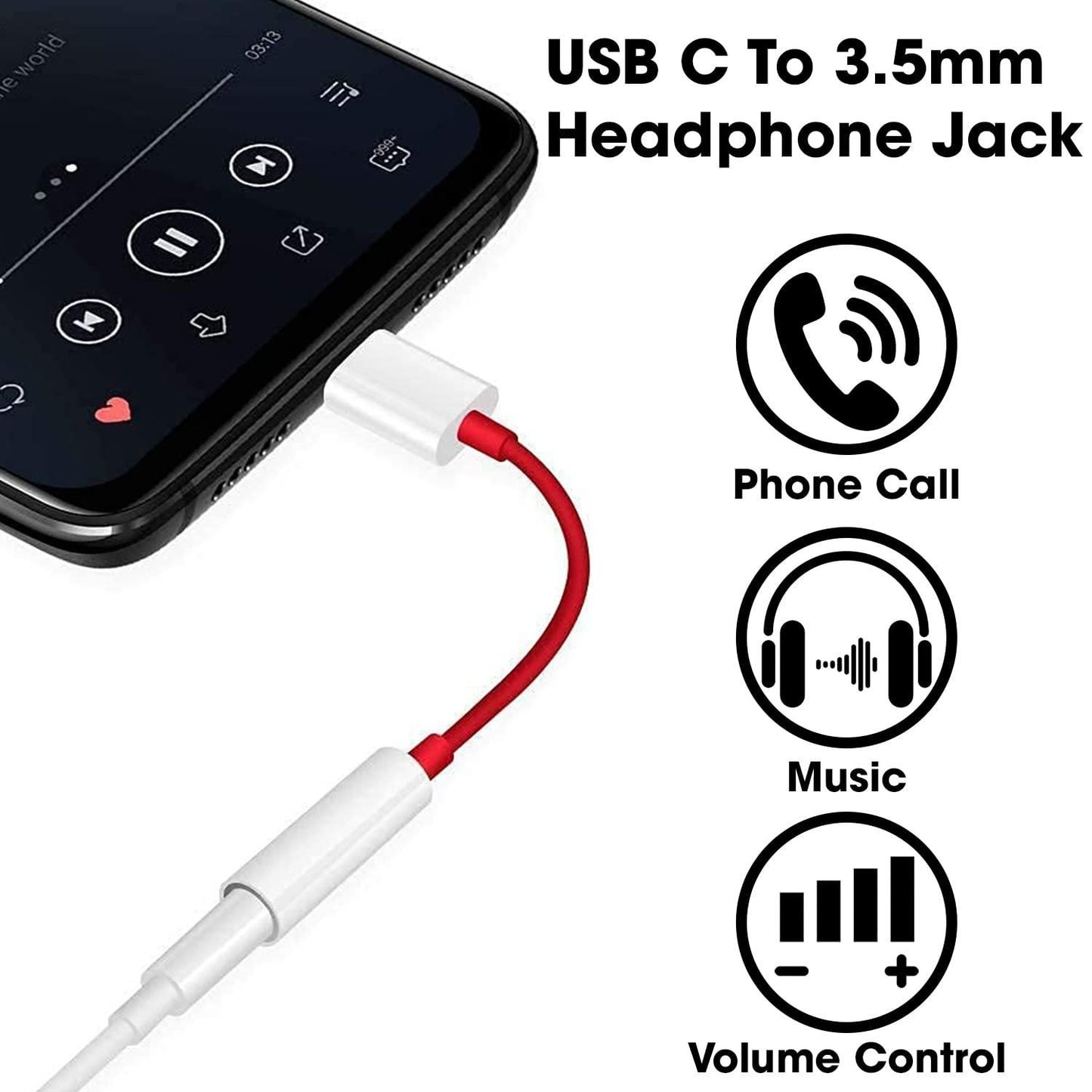 Type C to 3.5mm audio adapter connecting to smartphone for music and phone calls
