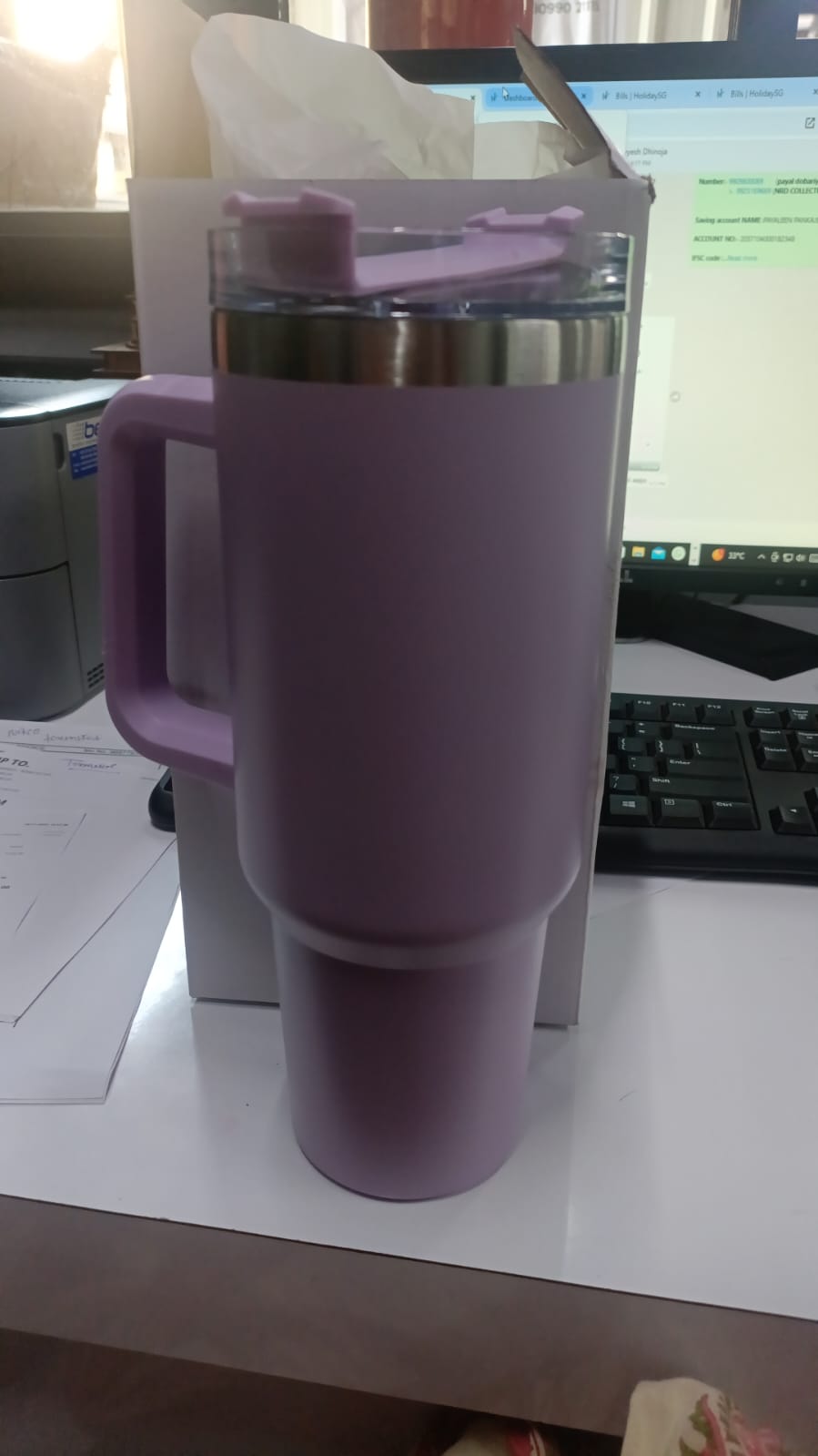 The Gir Farmer lavender insulated sipper bottle with straw large travel mug with handle and clear lid