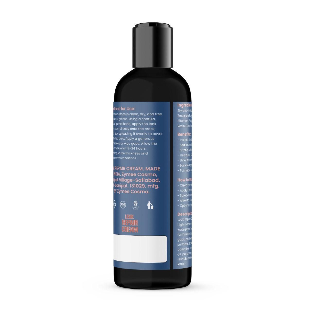 Back view of black plastic bottle with blue label and instructions for leak repair cream pack of 2