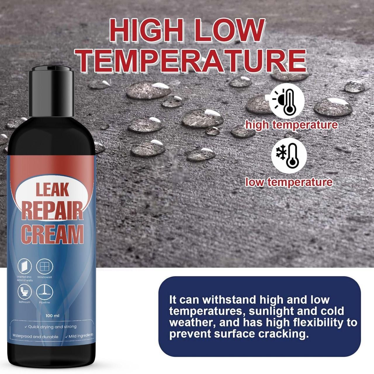 Leak Repair Cream bottle beside waterproof surface with water droplets and high low temperature icons leak repair cream pack of 2