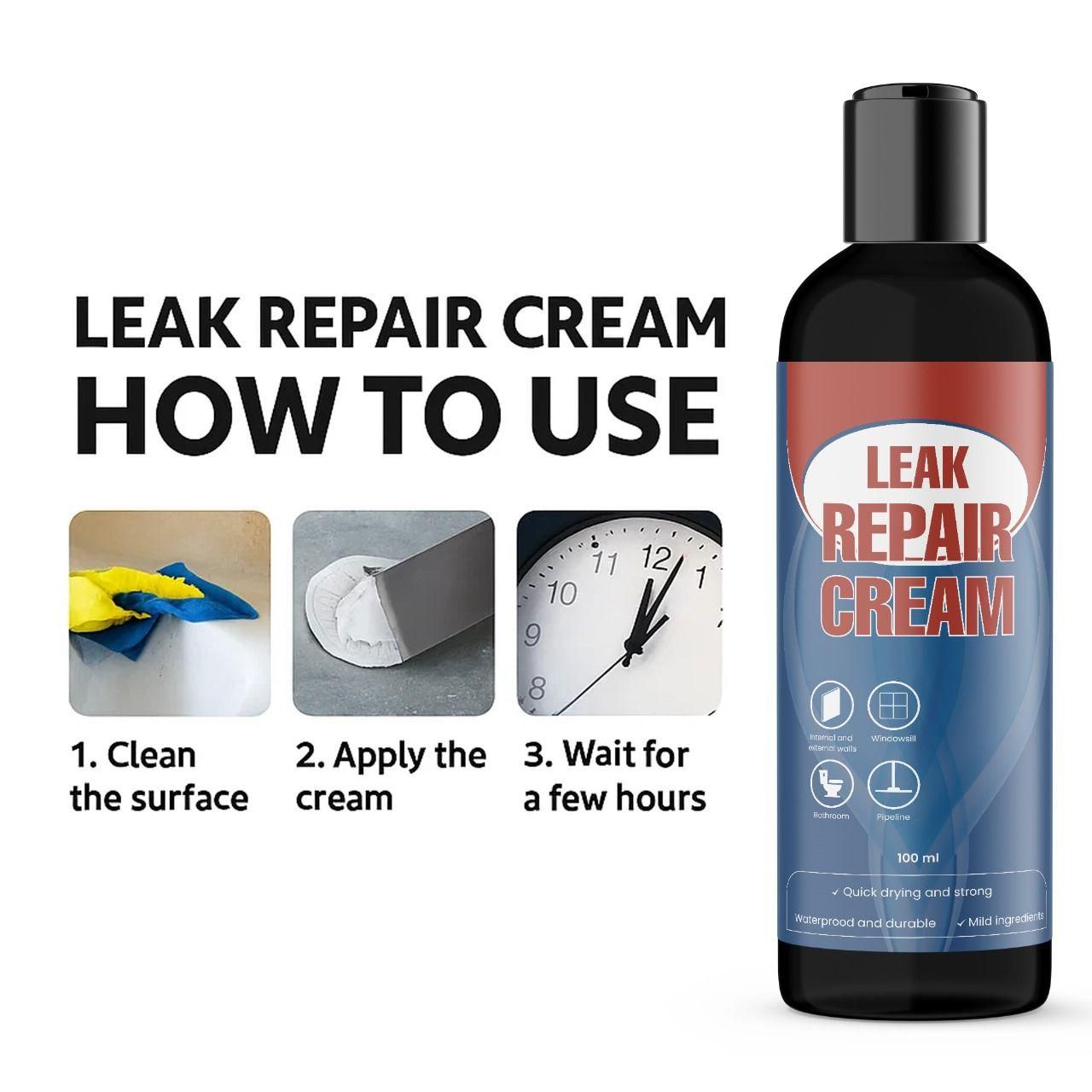 Bottle and usage steps of leak repair cream pack of 2 showing clean apply and wait instructions