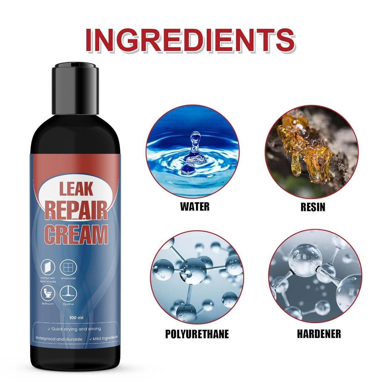 Bottle of Leak Repair Cream with icons for water resin polyurethane and hardener leak repair cream pack of 2