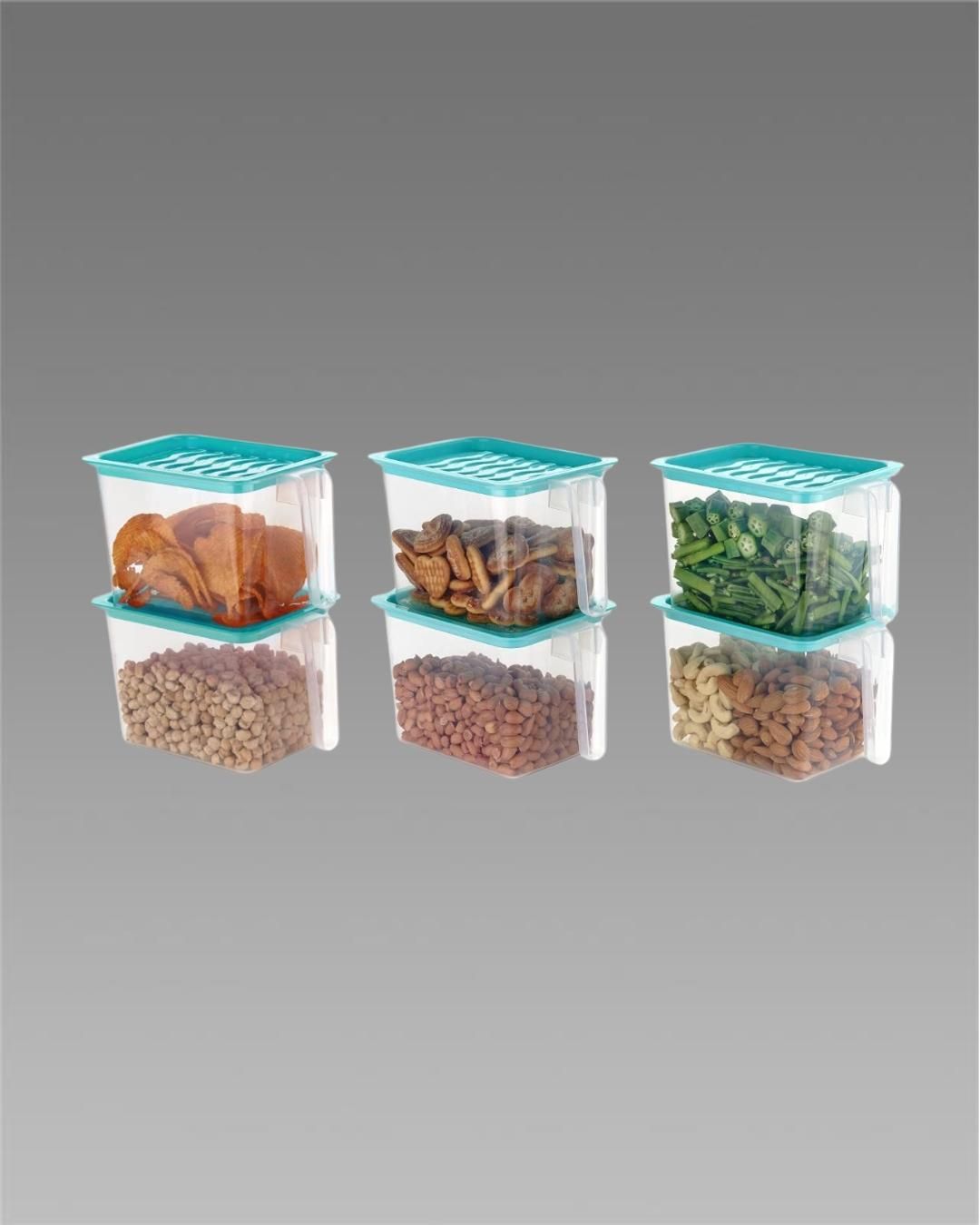 The Gir Farmer unbreakable kitchen storage basket set with clear containers and teal lids filled with snacks and nuts