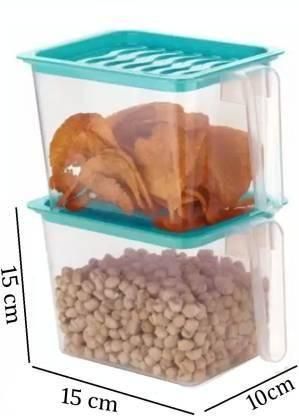 The Gir Farmer unbreakable kitchen storage basket set with clear containers and turquoise lids holding snacks and beans