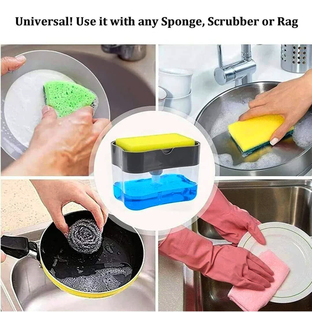 Kitchen dish soap dispenser with sponge holder showing use with various scrubbers and rags for washing dishes