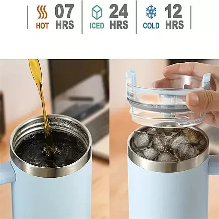 The Gir Farmerlight blue insulated sipper bottle with straw and handle showing hot pour and ice fill