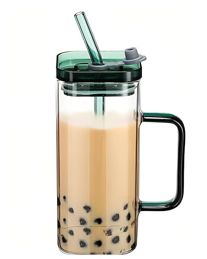 THE GIR FARMER double wall glass tumbler for boba tea with handle green lid reusable straw and tapioca pearls