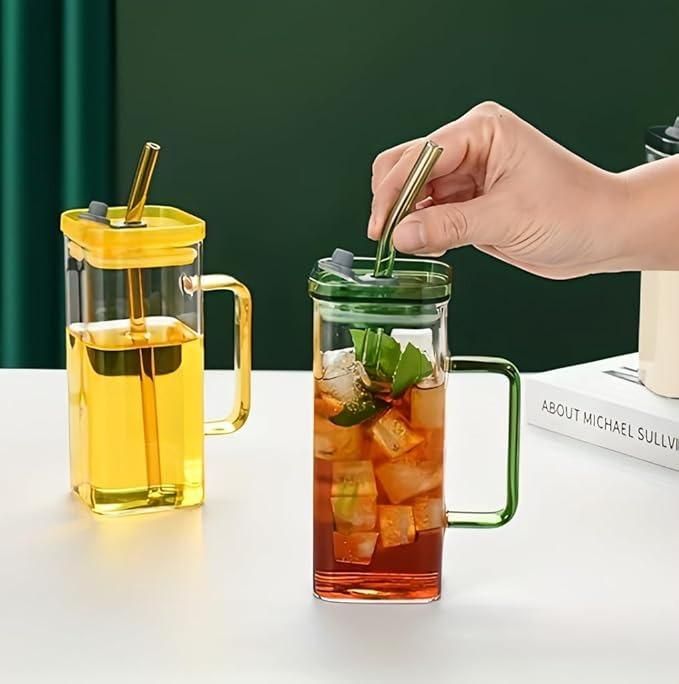 Green and yellow square glass tumblers with handles lids metal straws iced tea and mint glass tumbler for boba tea