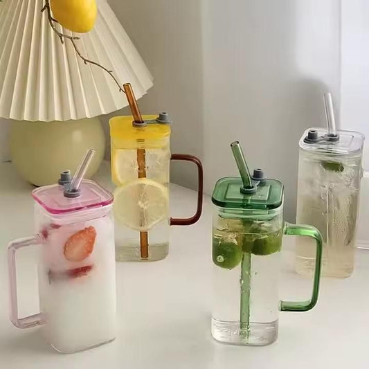 THE GIR FARMER glass tumbler for boba tea set of four clear handle jars with colored lids and glass straws