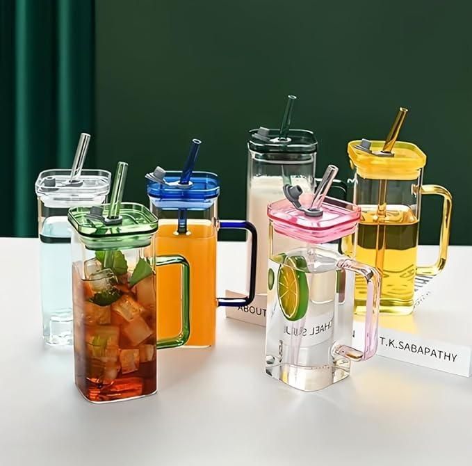 Set of colorful handled glass tumbler for boba tea with lids and reusable straws for cold drinks