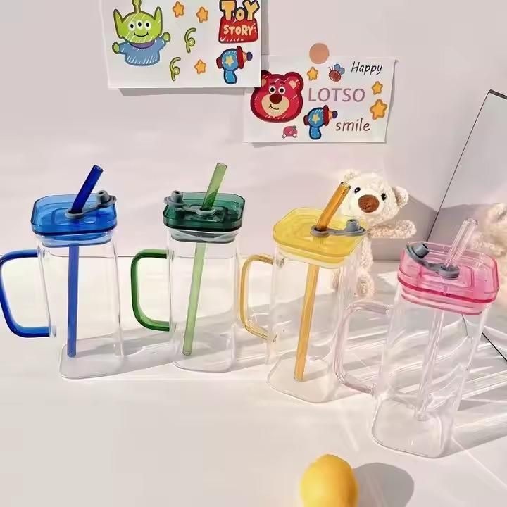 THE GIR FARMER glass tumbler for boba tea set of four clear square jars with handles colored lids and straws