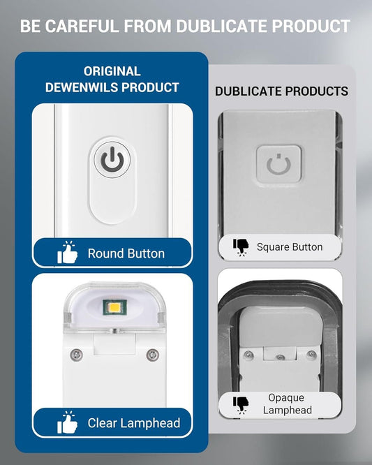 Comparison image showing original and duplicate usb rechargeable reading light with round button and clear lamphead versus square button and opaque lamphead