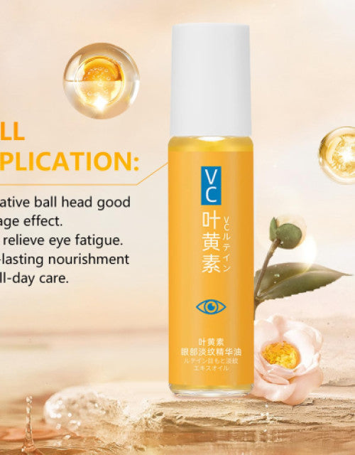 The Gir Farmer anti-aging eye treatment oil in a yellow bottle with a white cap displayed with flowers and application text