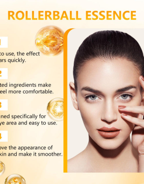 The Gir Farmer anti-aging eye treatment oil rollerball essence with a woman applying it around her eyes