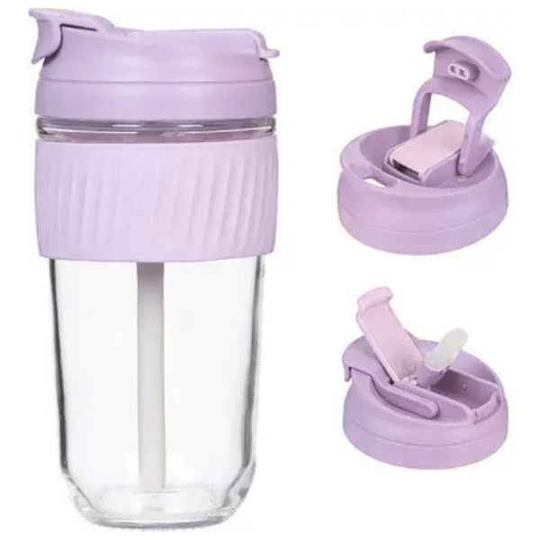 Purple reusable travel cup with spill-proof flip lid and silicone grip band
