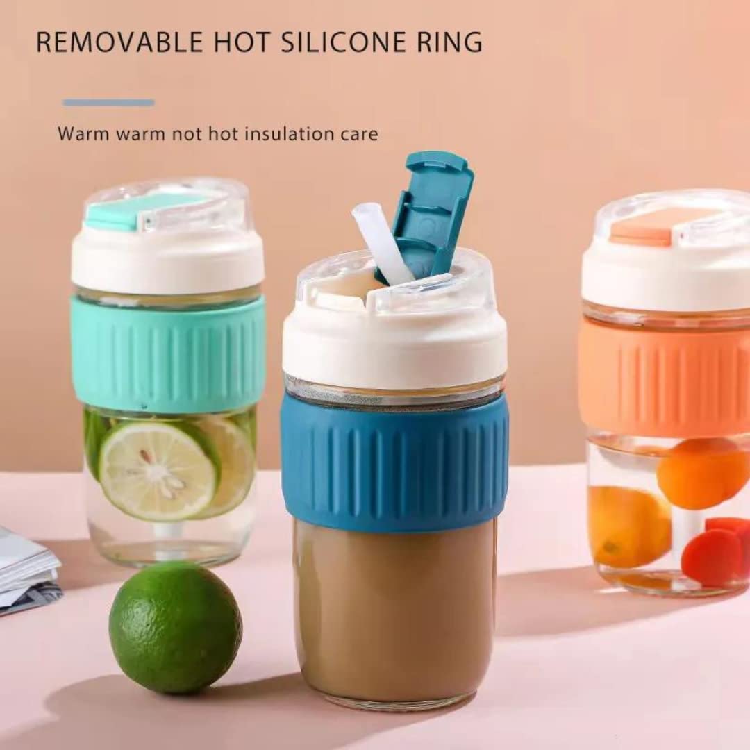 Silicone grip glass water bottles with removable lids and straws in blue, turquoise, and orange colors