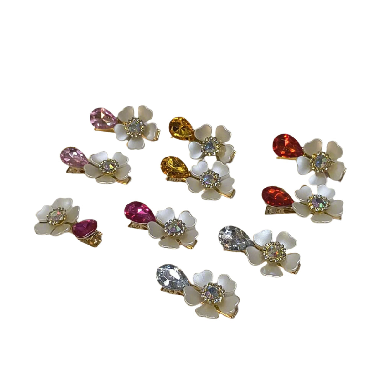 Amd-Deodap elegant floral hair clips pack featuring white flower designs with colorful gemstone accents