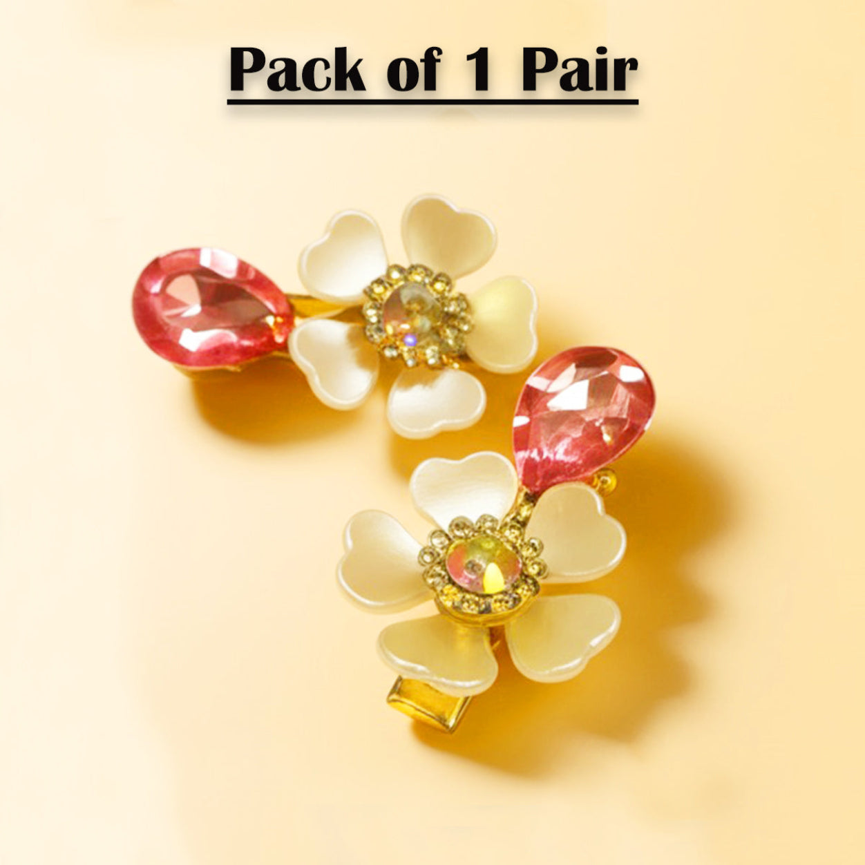 Elegant floral hair clips pack with white petals and pink gemstone accents by Amd-Deodap