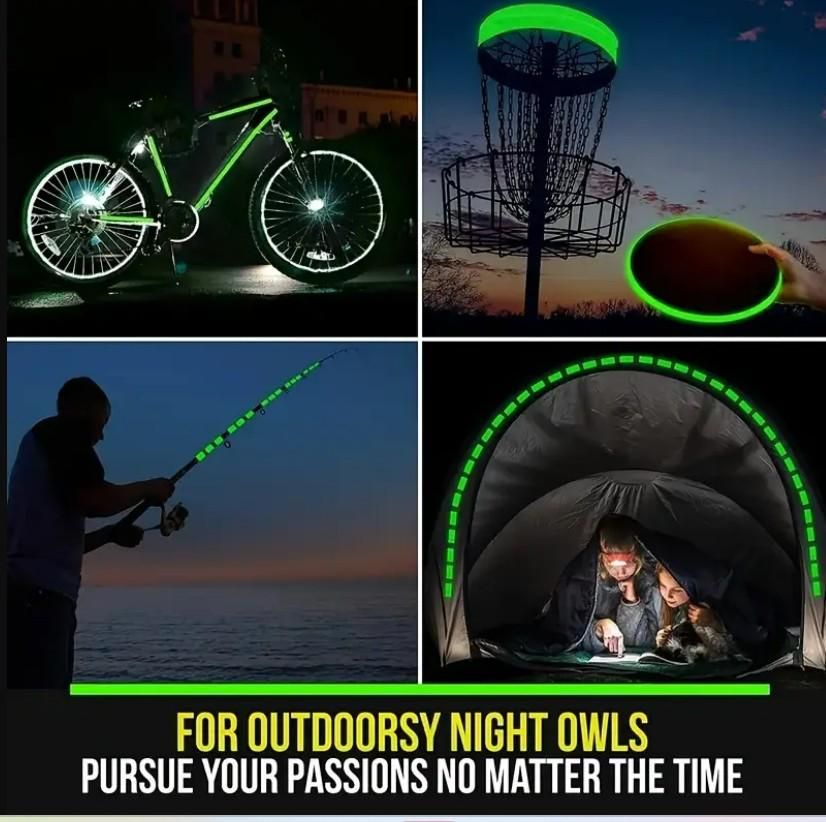 Glow in the dark safety tape used on bike, frisbee, fishing rod, and tent for outdoor night safety