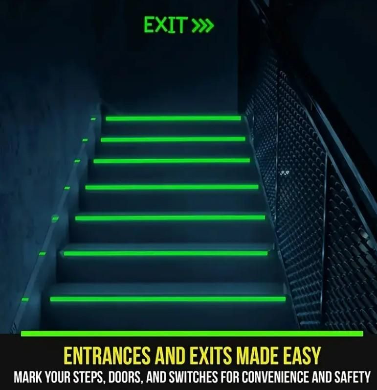 Glow in the dark safety tape applied on stair edges and wall for entrance and exit visibility in low light