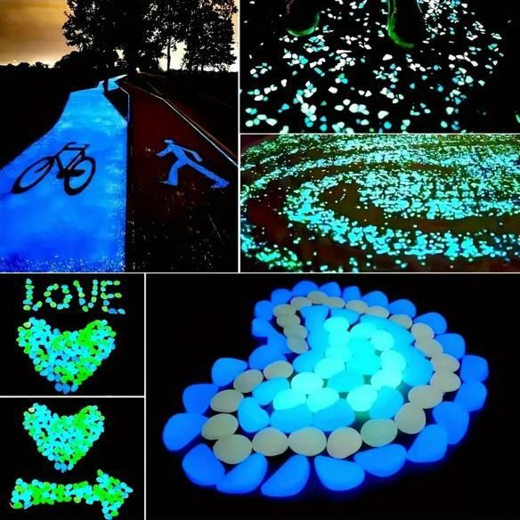 Mixed color glow stones for pathways illuminating bike lane, walking path, and decorative shapes at night