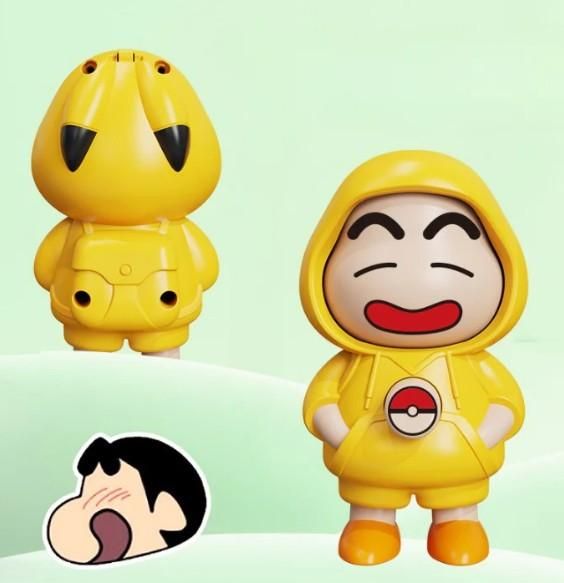 Shinchan face changing keychain in yellow hoodie showing two different facial expressions by THE GIR FARMER