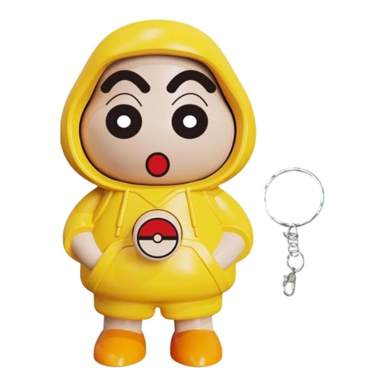 Shinchan face changing keychain wearing yellow hoodie with surprised expression and keyring attached