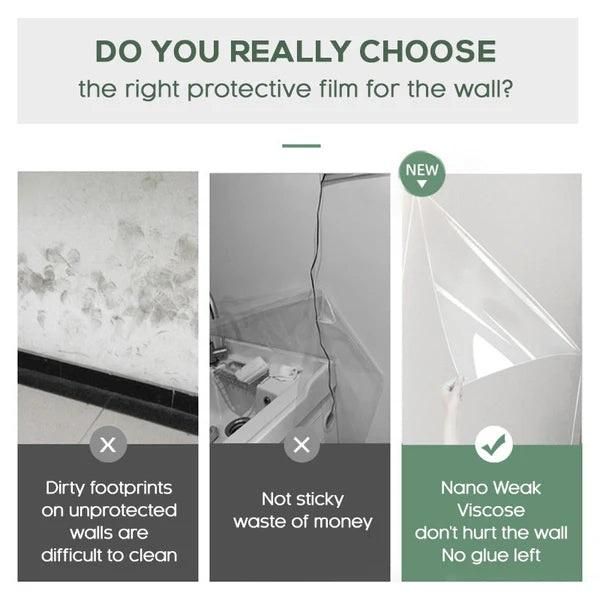 Comparison showing benefits of transparent wall protection film preventing dirty footprints and sticky residue on walls