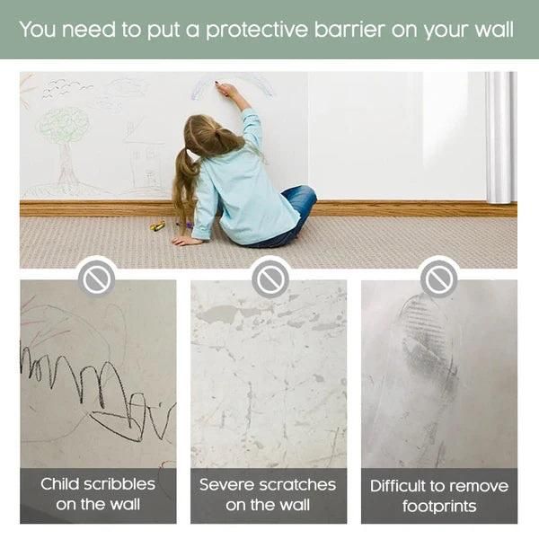 Child drawing on wall protected by transparent wall protection film preventing scribbles scratches and footprints