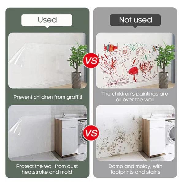 Comparison of transparent wall protection film used to prevent graffiti and mold versus walls without protection showing drawings and mold damage
