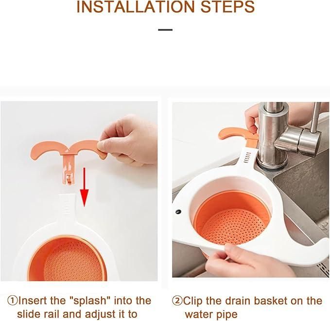 Installation steps for whale drain basket for kitchen showing how to insert and clip the basket on the water pipe