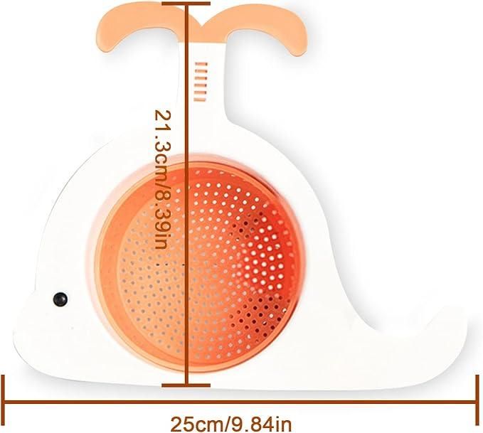 White and orange whale drain basket for kitchen with perforated strainer and handle measuring 21 cm by 25 cm