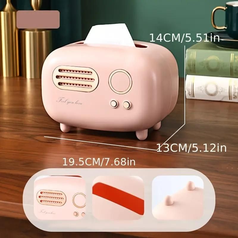 Pink vintage radio tissue box with retro design and dimensions, perfect for home decor